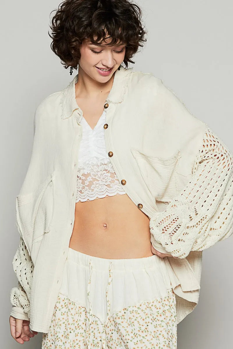 Natural white POL openwork lantern sleeve button-down gauze shirt by Trendsi, featuring lightweight breathable fabric and intricate sleeve details.