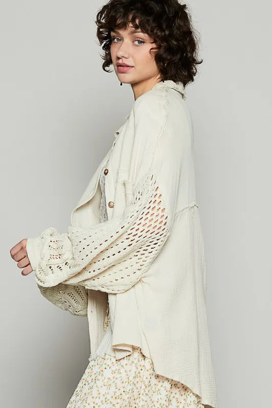 Trendsi women's openwork lantern sleeve button-down gauze shirt with lightweight, breathable fabric and relaxed fit.