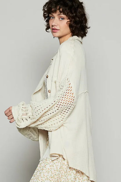 Trendsi women's openwork lantern sleeve button-down gauze shirt with lightweight, breathable fabric and relaxed fit.