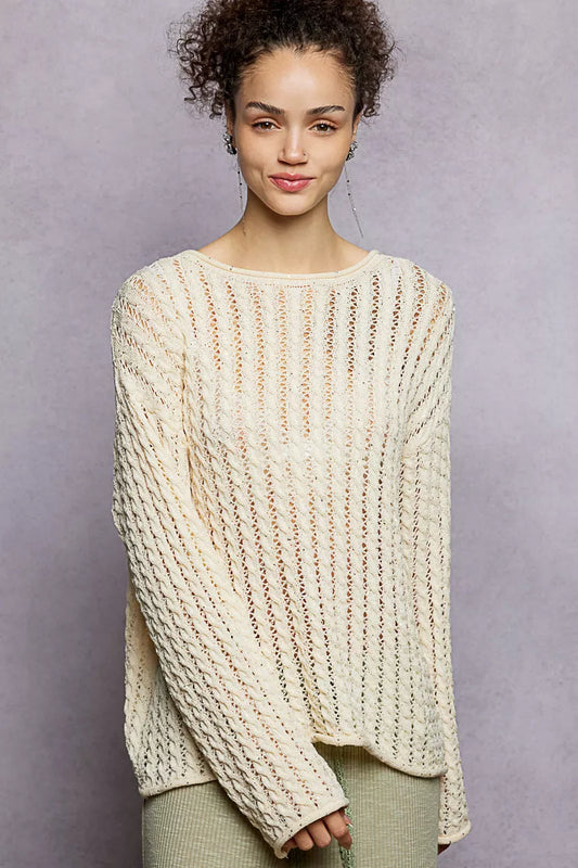 Trendsi openwork round neck knit top with shiny detail, featuring a stylish and breathable design for casual or dressy wear.