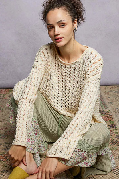 Trendsi POL openwork round neck knit top with shiny detailing, lightweight and stylish for casual or dressy occasions.