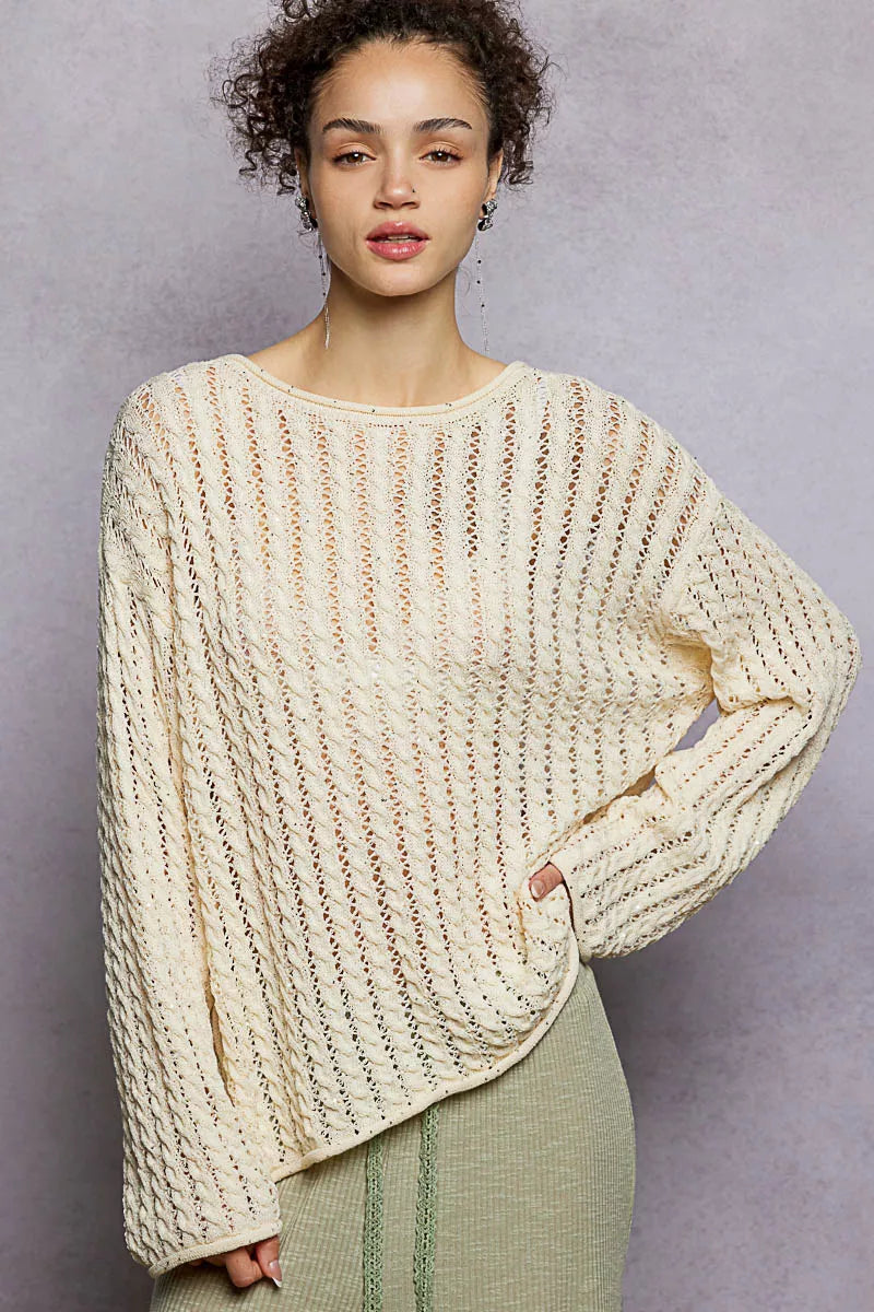 Trendsi POL openwork round neck knit top with shiny detail, featuring a stylish, lightweight knit fabric and intricate openwork pattern.