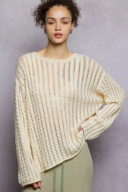 Trendsi POL openwork round neck knit top with shiny detail, featuring a stylish, lightweight knit fabric and intricate openwork pattern.