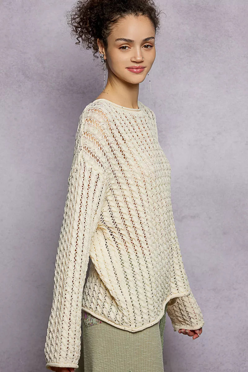 Trendsi POL openwork round neck knit top with shiny detail, featuring a stylish, lightweight design and intricate knit pattern.