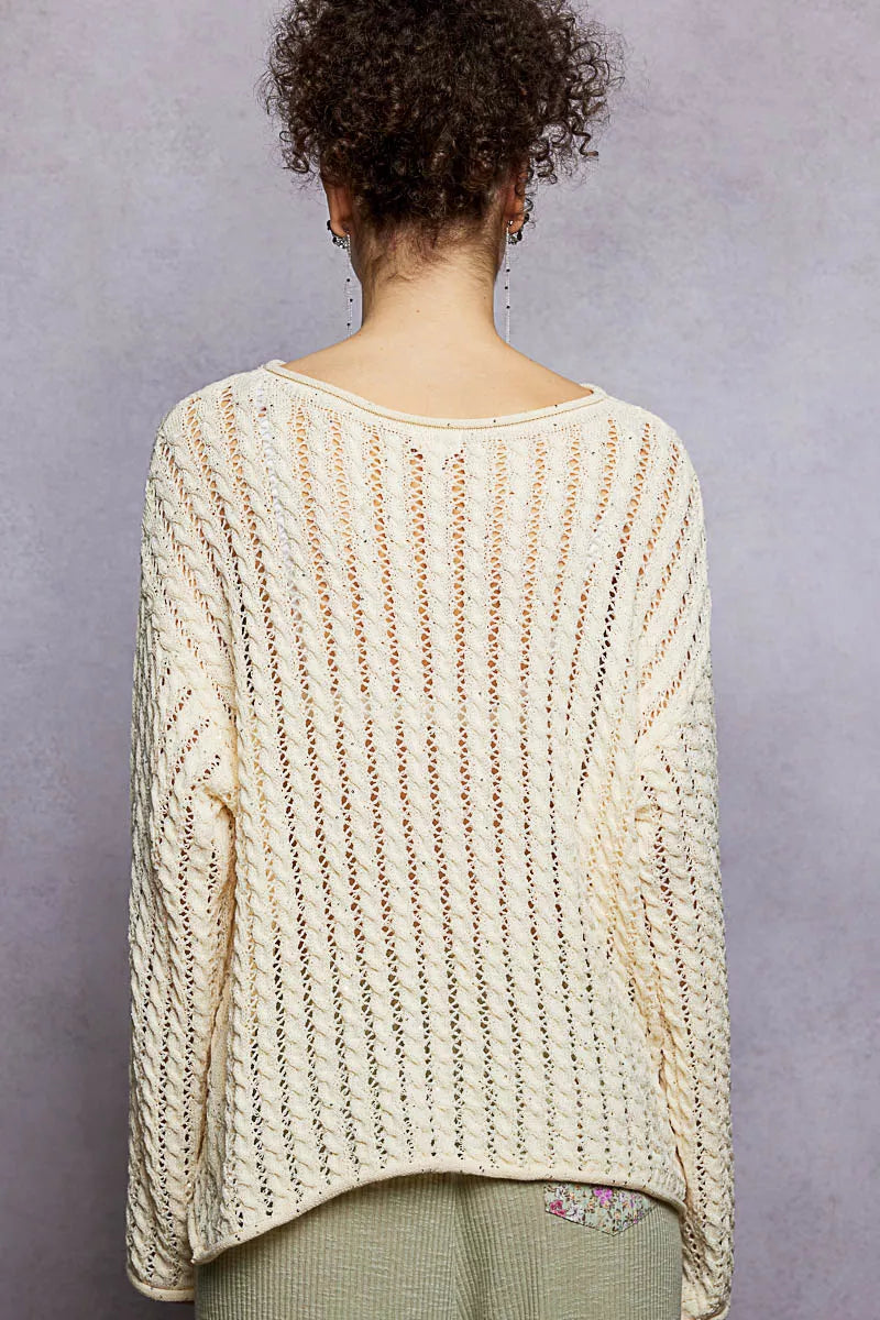 Natural-s POL openwork round neck knit top with shiny detail, showcasing a stylish, lightweight sweater for women.