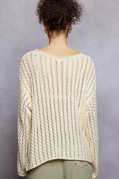Natural-s POL openwork round neck knit top with shiny detail, showcasing a stylish, lightweight sweater for women.
