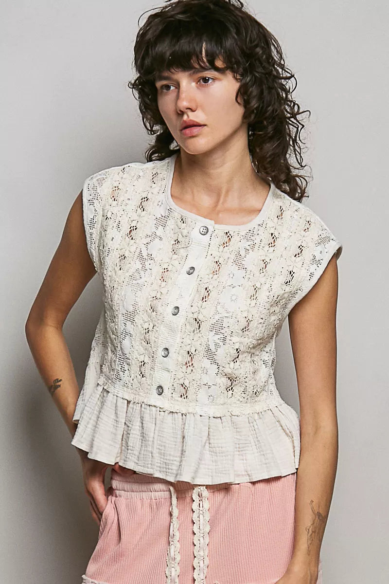 Natural beige POL round neck lace sleeveless top with double gauze ruffle from Trendsi, showcasing delicate lace details and ruffled accents.
