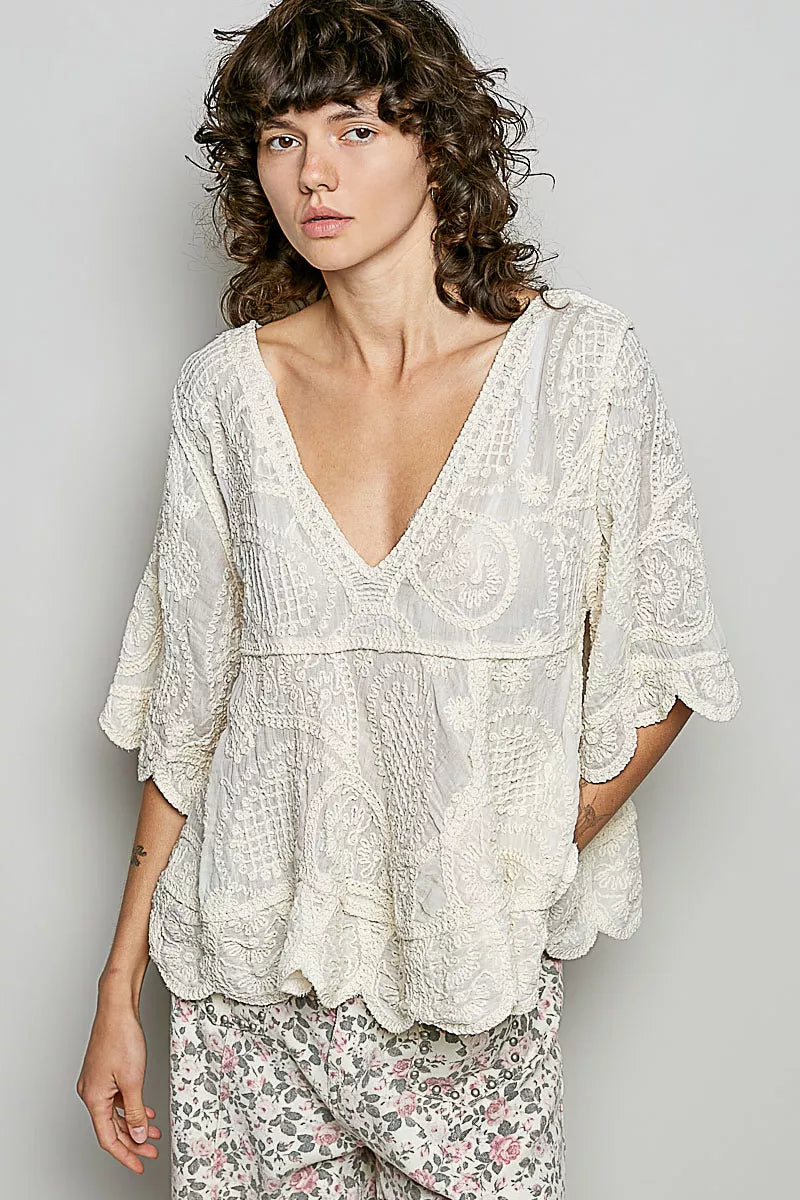 Natural V-neck crochet blouse with scalloped hem, featuring intricate crochet details and lightweight fabric, from Trendsi.