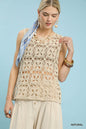 Natural beige Umgee crochet flower motif sleeveless tank top by Trendsi, featuring intricate floral crochet details.