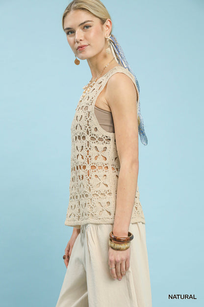 Natural beige sleeveless tank top with crochet flower motifs from Umgee, featuring a relaxed fit and casual style.