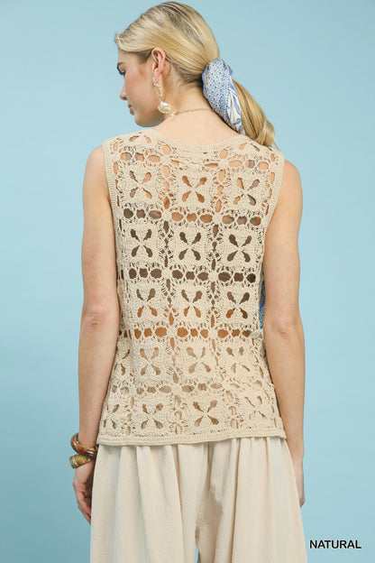 Natural beige sleeveless tank top with crochet flower motifs from Umgee, featuring a relaxed fit and casual style.