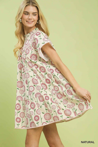 Natural S Umgee floral print tiered babydoll dress featuring a flowy silhouette and feminine floral pattern.