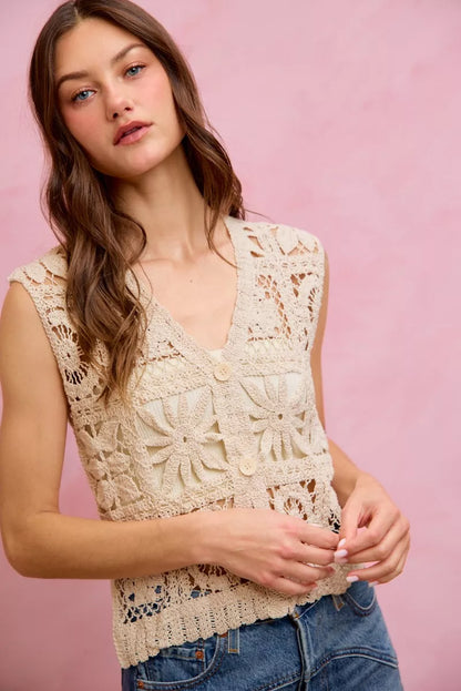 Natural SO ME summer crochet patterned sleeveless vest top from Trendsi, featuring intricate crochet design and lightweight fabric.