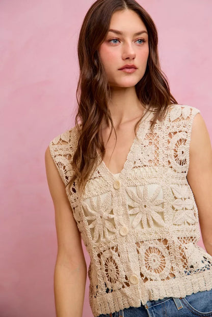 Natural crochet patterned sleeveless vest top by SO ME for summer, featuring a stylish, lightweight design with intricate crochet details.