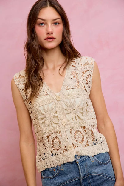 Natural crochet patterned sleeveless vest top by Trendsi, featuring a stylish summer design with intricate crochet details.