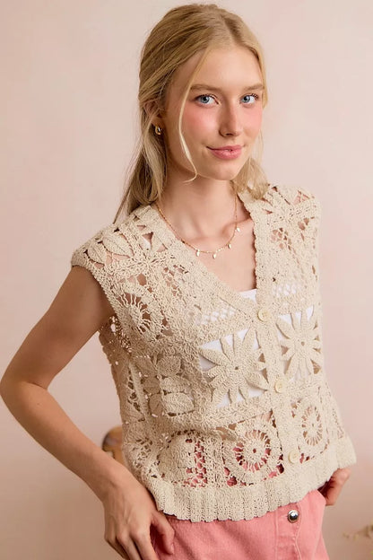 Natural beige crochet sleeveless vest top from SO ME Summer collection, stylish patterned design by Trendsi.