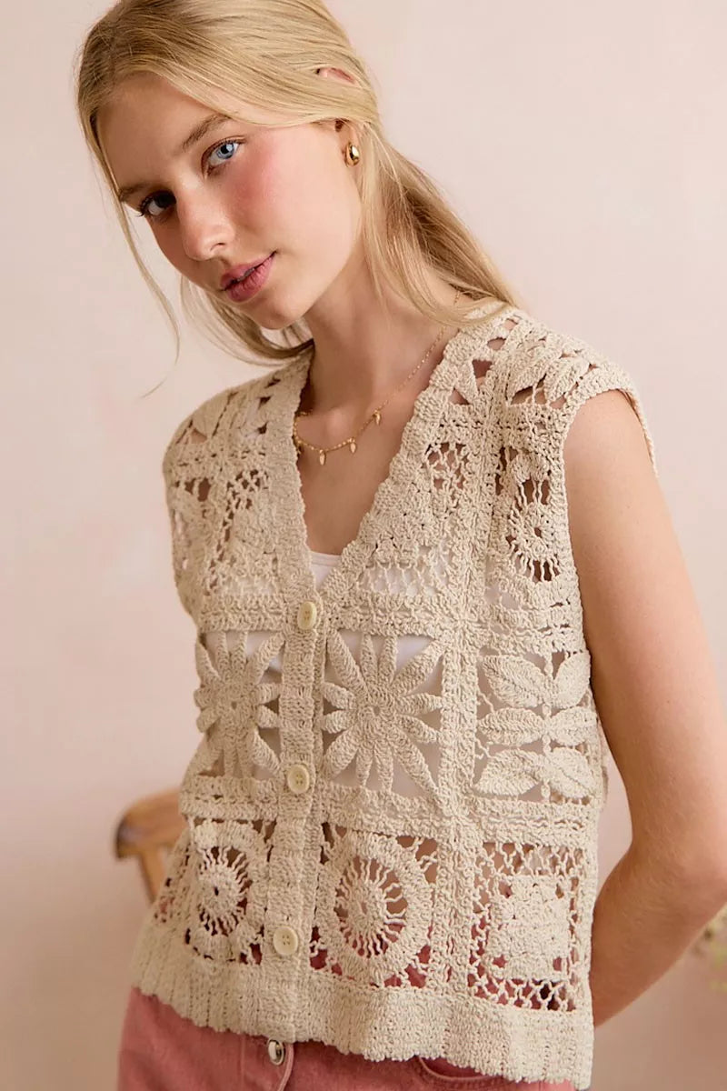 Natural-colored SO ME summer crochet sleeveless vest top with patterned design, styled for casual warm-weather wear.