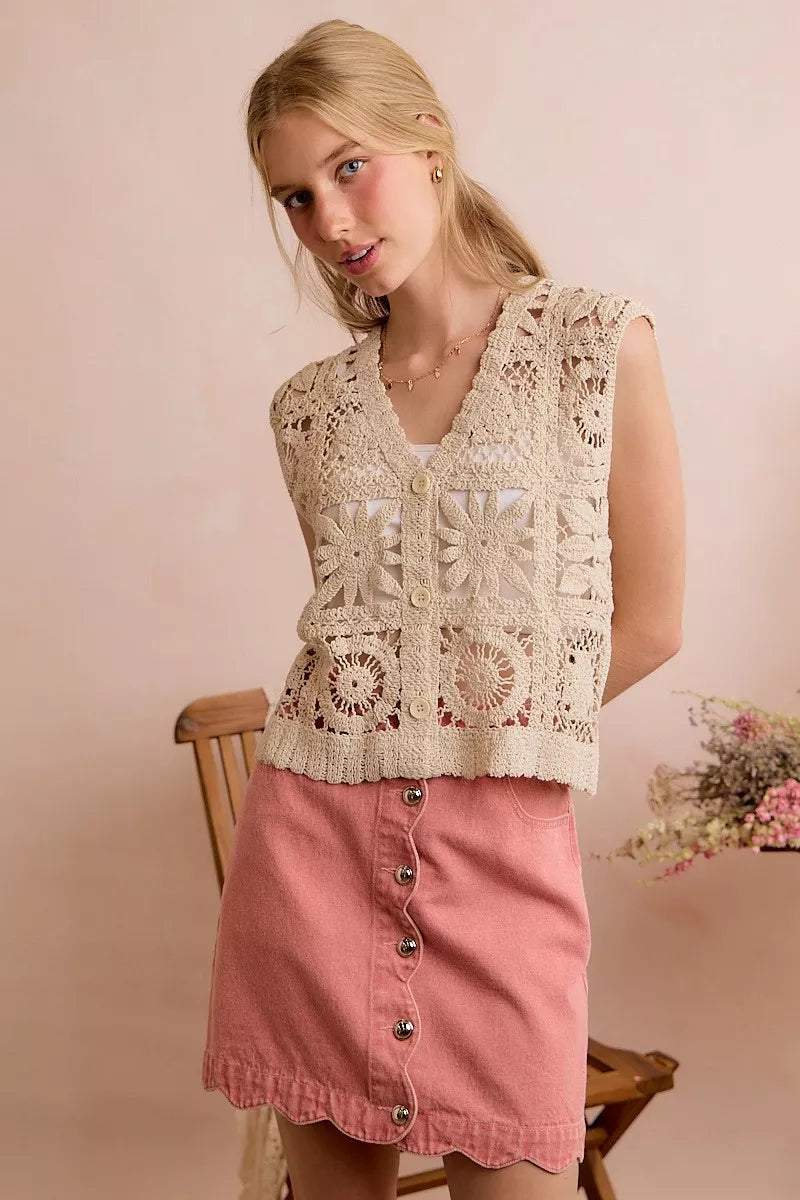 Natural SO ME summer crochet patterned sleeveless vest top with intricate design, lightweight and stylish for warm weather.