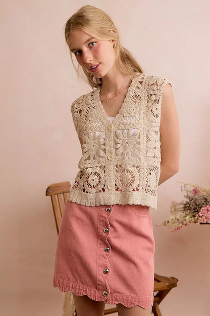 Natural SO ME summer crochet patterned sleeveless vest top with intricate design, lightweight and stylish for warm weather.