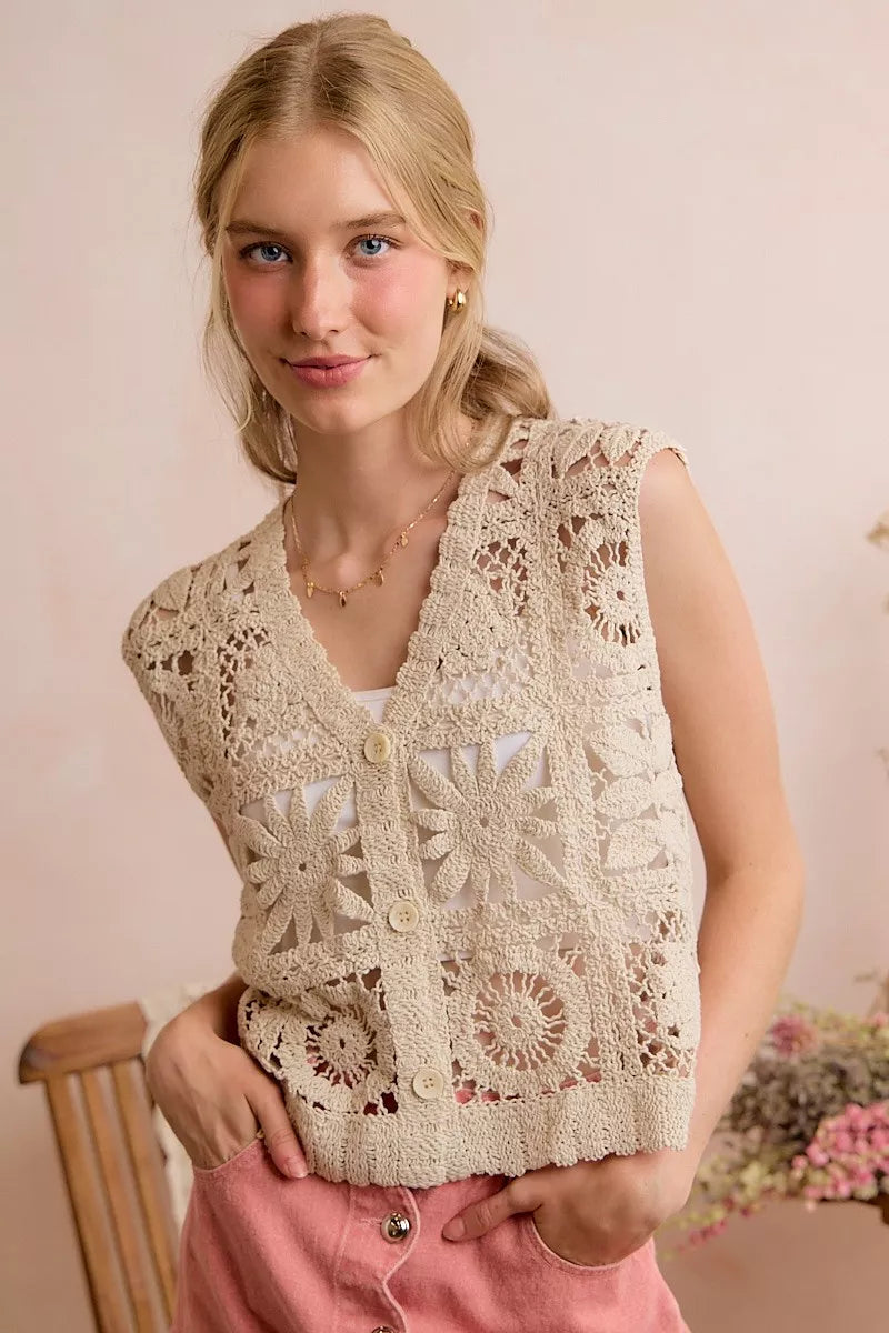 Trendsi SO ME summer crochet patterned sleeveless vest top, natural color, lightweight and breathable for warm weather.