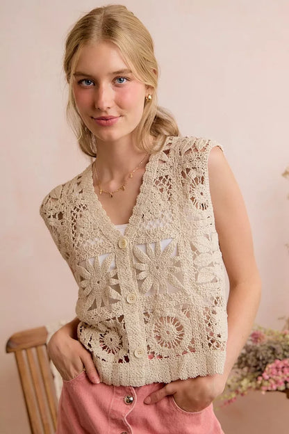Trendsi SO ME summer crochet patterned sleeveless vest top, natural color, lightweight and breathable for warm weather.