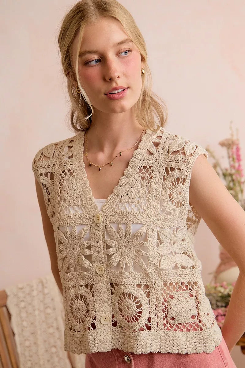 Natural-colored SO ME summer crochet sleeveless vest top with patterned design, trendy and lightweight for warm weather.