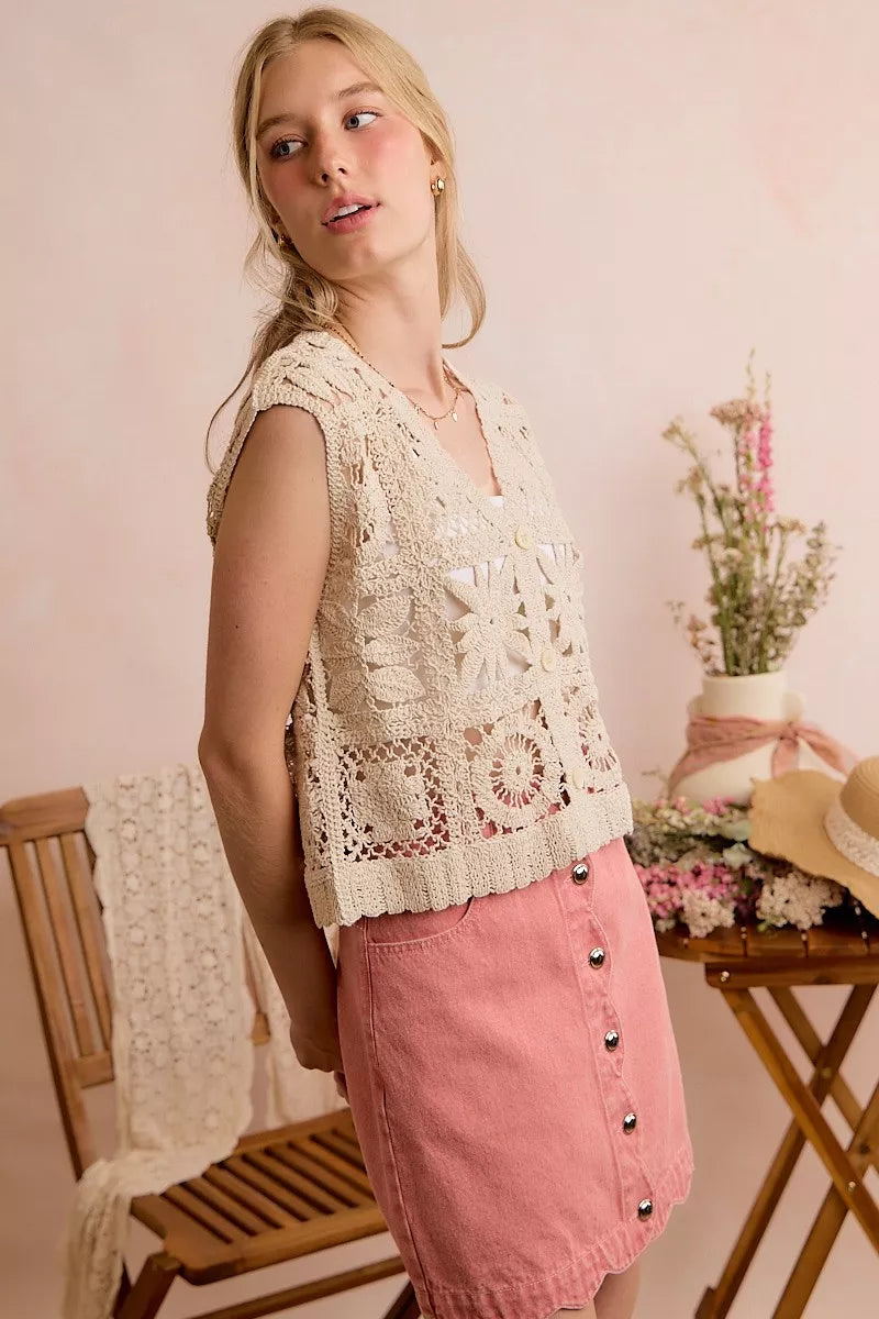 Natural beige crochet sleeveless vest top with patterned design, featuring a relaxed summer style from Trendsi.