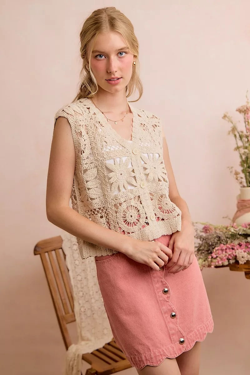Natural beige crochet sleeveless vest top with patterned design, made by Trendsi, perfect for summer casual wear.