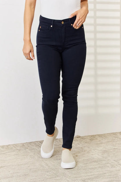 Navy Judy Blue full-size garment-dyed tummy control skinny jeans with a fitted silhouette and classic five-pocket design.
