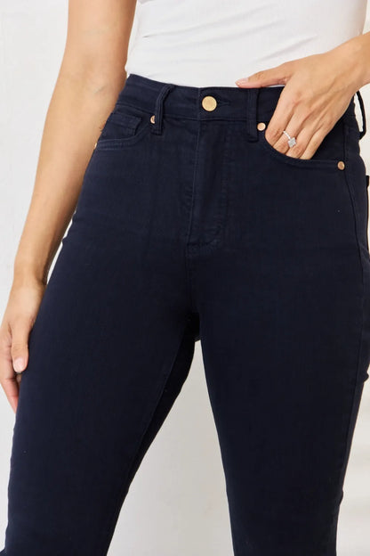 Navy Judy Blue full-size garment dyed tummy control skinny jeans with a fitted silhouette and classic five-pocket design.