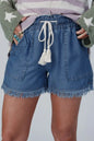 Navy raw hem high waist denim shorts with drawstring waist and front pockets, casual trendy style by Trendsi.