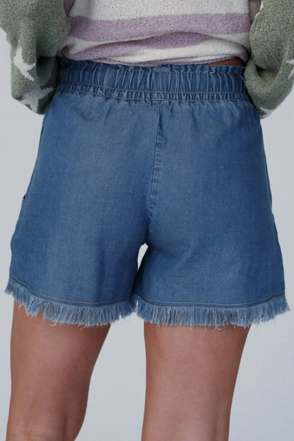 Navy raw hem high waist denim shorts with drawstring waist and front pockets, stylish Trendsi women's casual summer shorts.