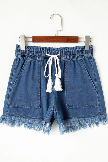 Navy raw hem drawstring high waist denim shorts with front and back pockets, stylish and casual for warm weather.