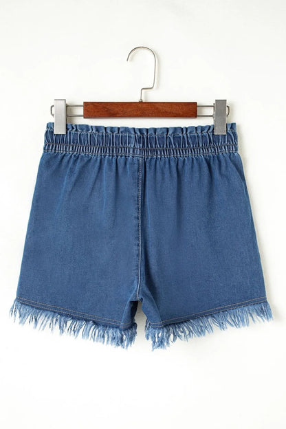 Navy raw hem high waist denim shorts with drawstring waist and front pockets, trendy casual style by Trendsi.
