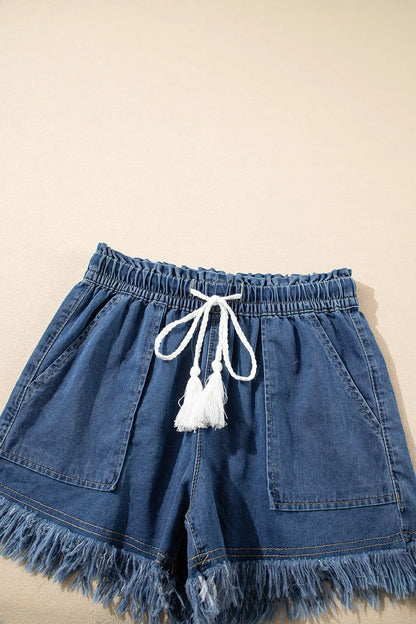Navy raw hem high waist denim shorts with drawstring waist and front pockets by Trendsi, casual summer style.