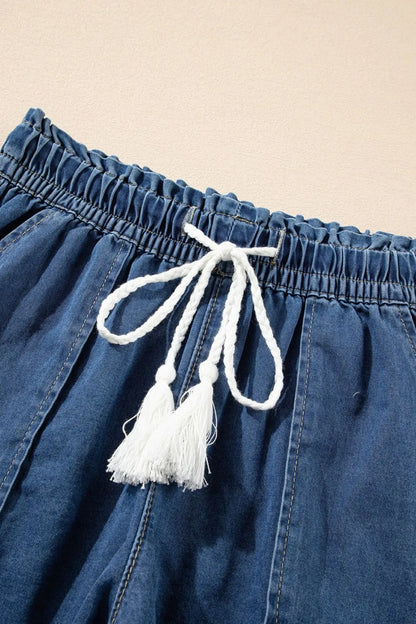 Navy raw hem high waist denim shorts with drawstring waist and front pockets, trendy casual fashion by Trendsi.