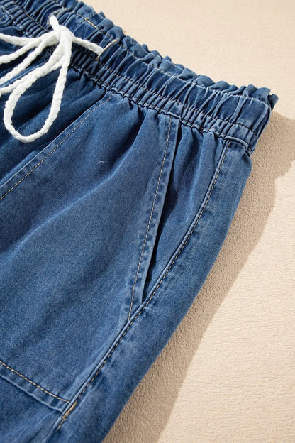 Navy raw hem drawstring high waist denim shorts with front pockets, casual trendy style from Trendsi.