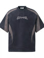 Navy blue men's round neck T-shirt with embroidered letter design, made by Trendsi, casual and comfortable fit.