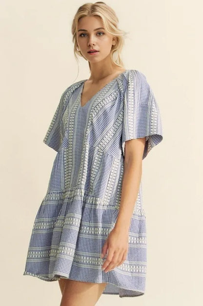 Navy blue Davi & Dani embroidered stripe ruffled gingham mini dress with puff sleeves and ruffled hem, stylish and feminine.