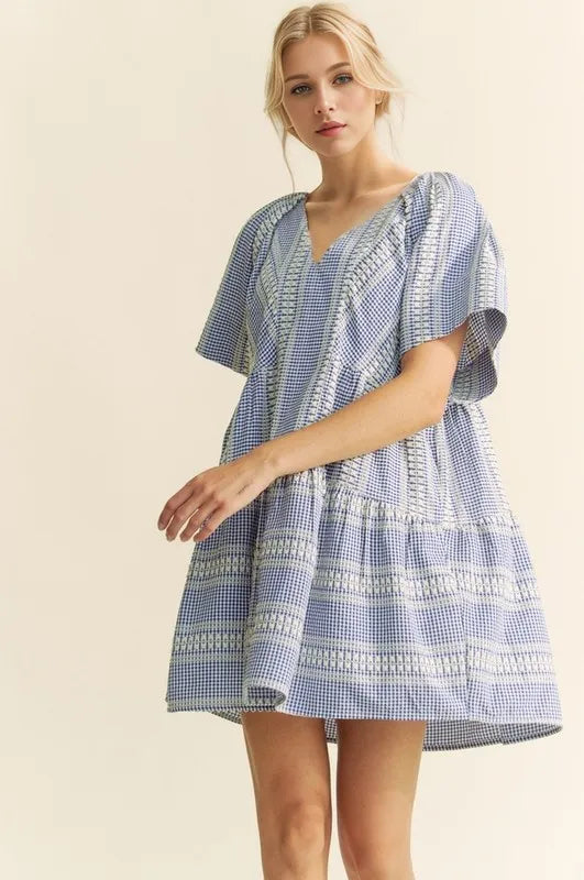 Navy blue Davi & Dani embroidered stripe ruffled gingham mini dress with short sleeves and gathered waist.