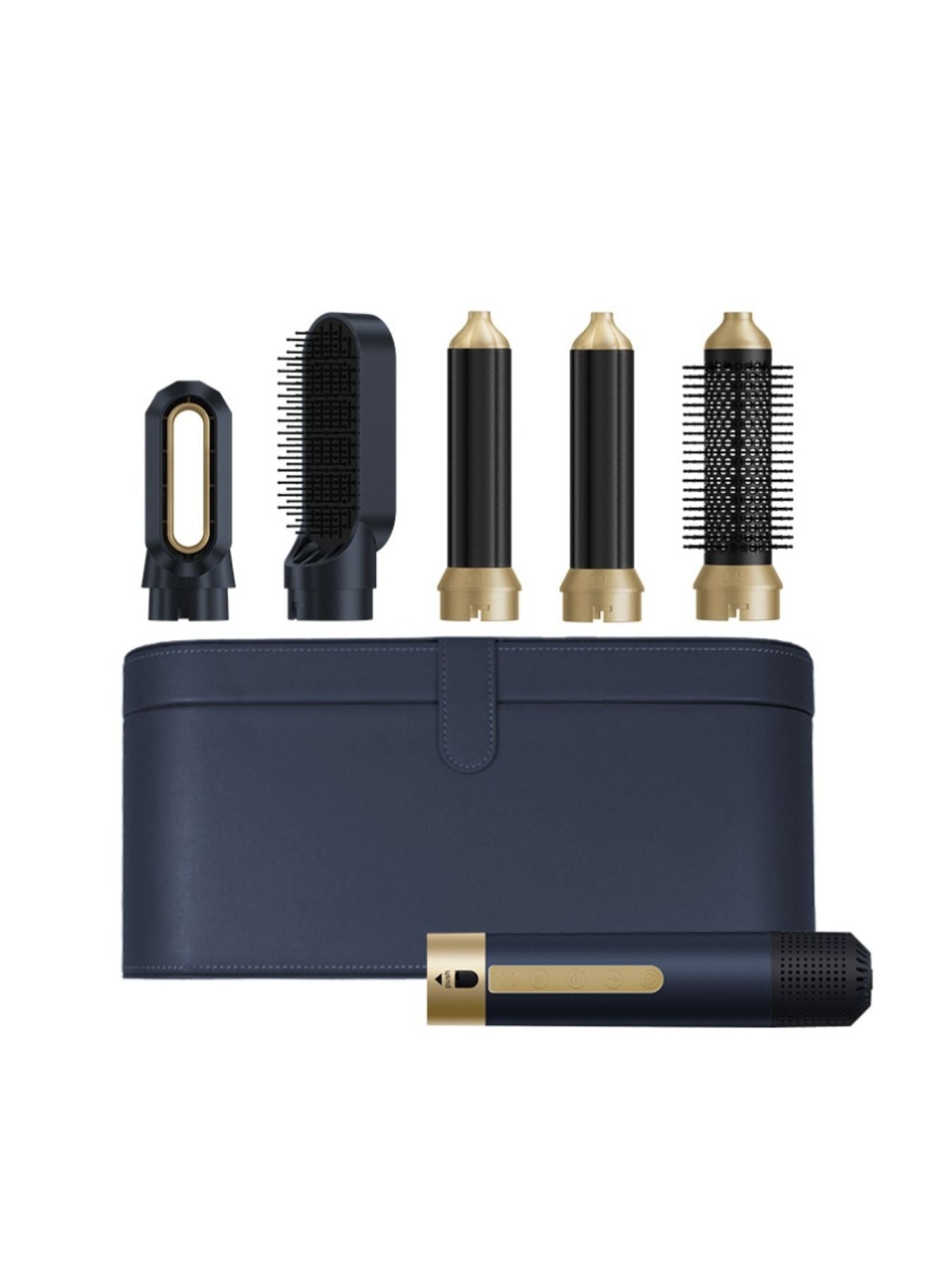 Navy 6-in-1 interchangeable curling iron set by Trendsi with European plug and multiple barrel sizes for versatile curls and waves.
