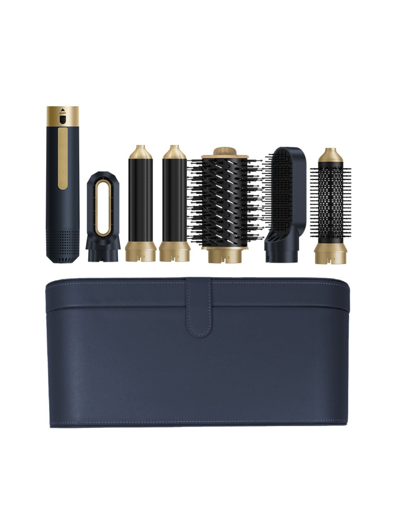 Trendsi navy 6-in-1 interchangeable curling iron set with European plug and multiple barrel attachments for versatile styling.