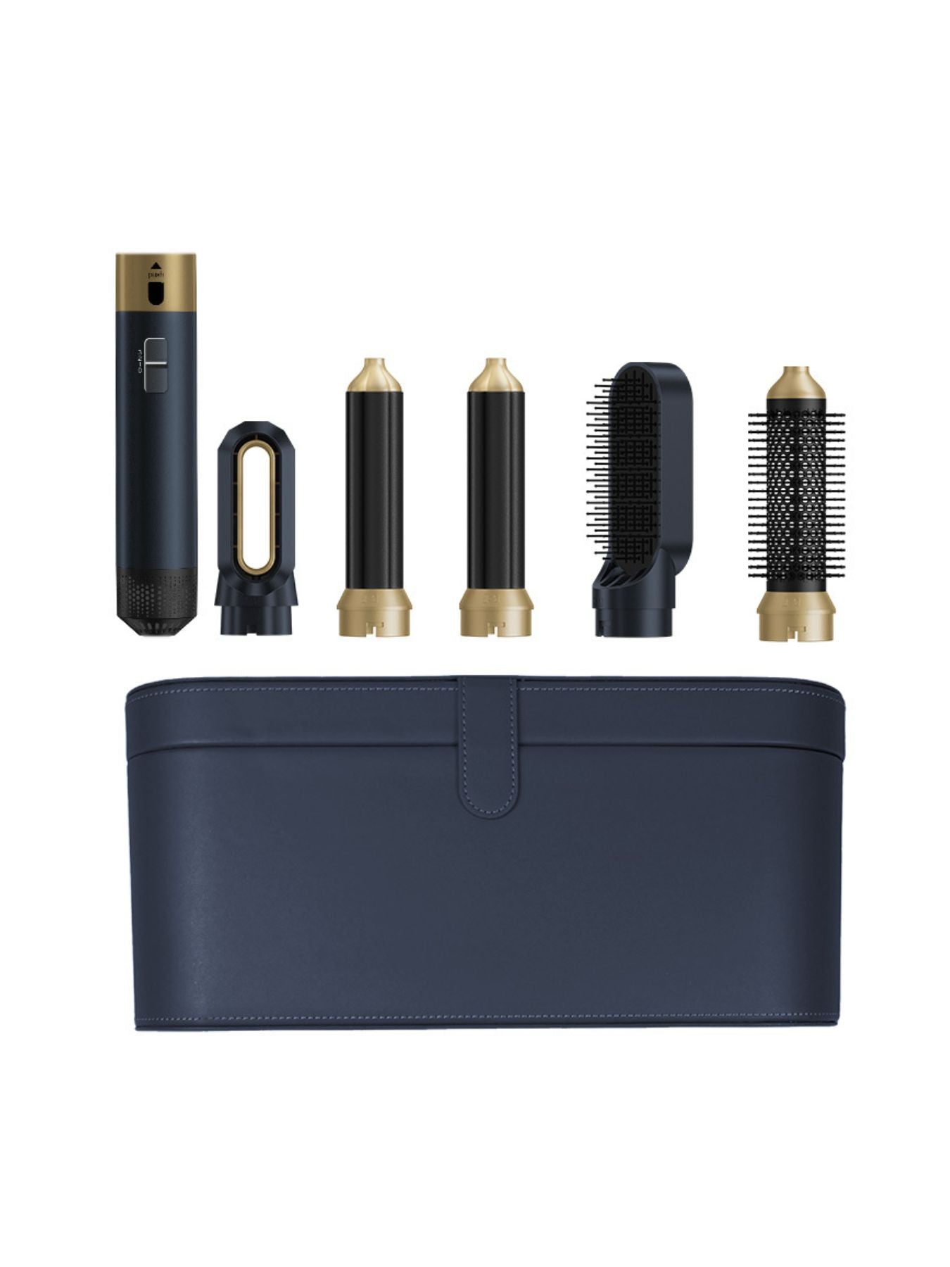 Navy 6-in-1 interchangeable curling iron set with European plug, featuring multiple barrel sizes for versatile styling.