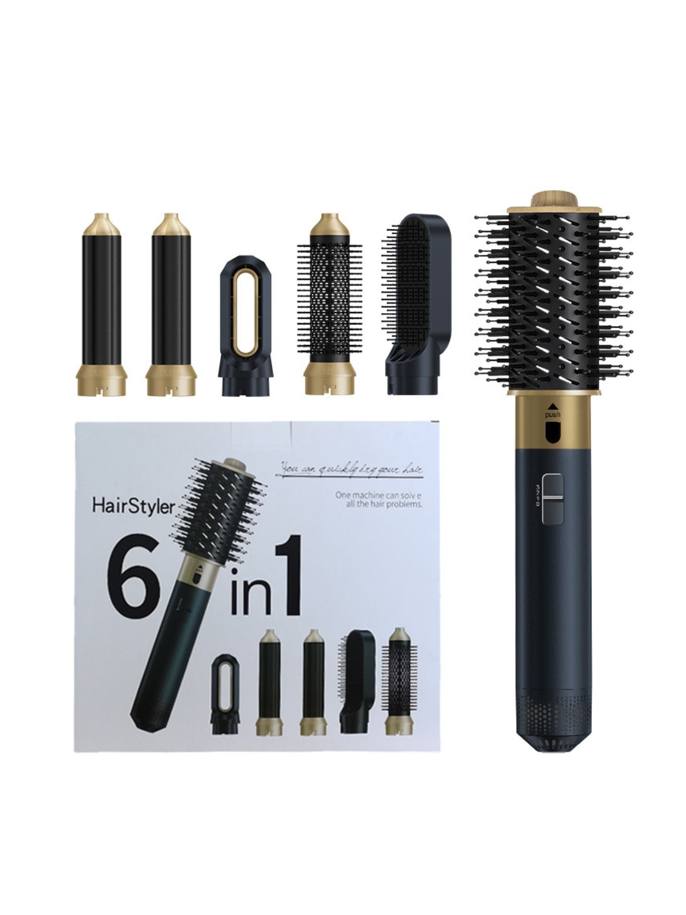 Navy 6-in-1 interchangeable curling iron set by Trendsi with European plug, various barrel sizes for versatile hairstyles.