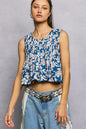 Navy floral round neck cropped tank top with pintuck details, from Trendsi, displayed on a plain background.