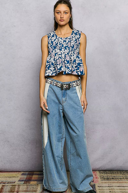 Navy floral round neck cropped tank top with pintuck detailing, casual style from Trendsi.