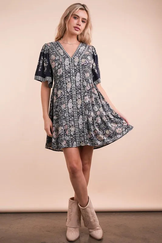 Navy mix printed woven mini dress with shirring detail from Trendsi, featuring a stylish, fitted silhouette and vibrant pattern.