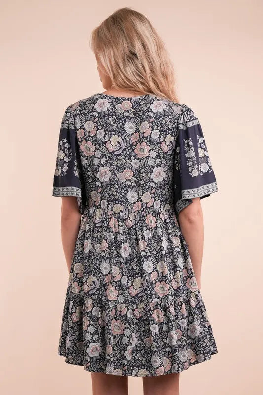 Navy print mini dress with shirring detail by VERY J, featuring woven fabric and a stylish, fitted silhouette.
