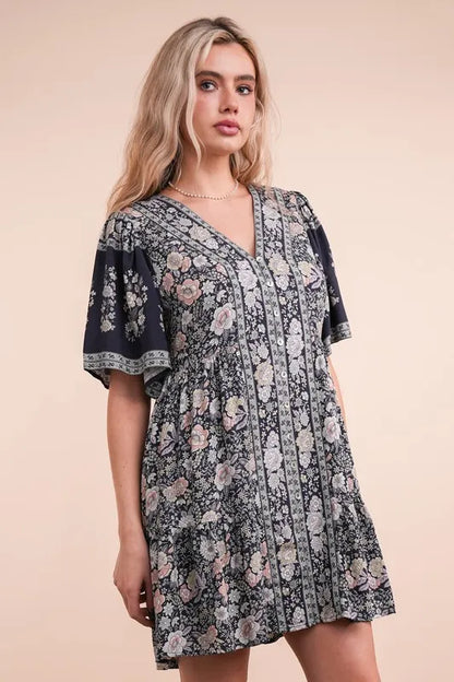 Navy blue Very J printed woven mini dress with shirring detail and short sleeves, casual and stylish for everyday wear