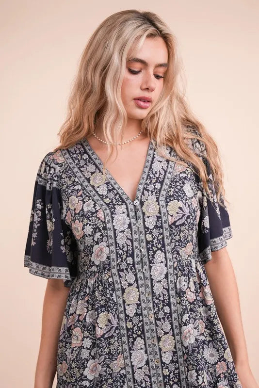 Navy blue Very J printed woven mini dress with shirring detail, featuring a fitted silhouette and short sleeves.